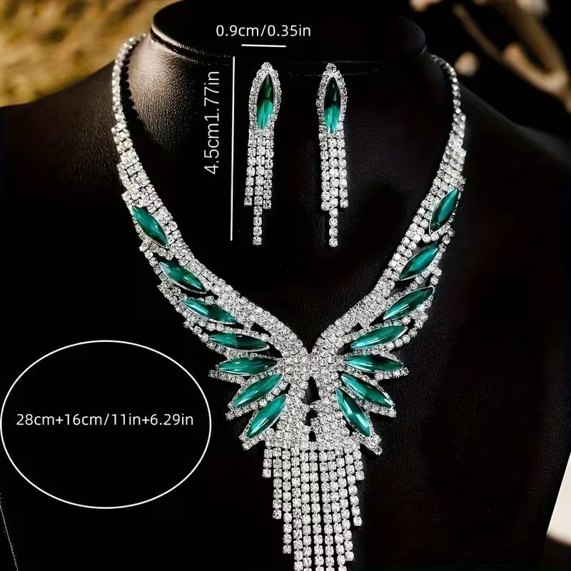 3Pcs Crystal Rhinestone & Green Gem Tassel Jewelry Set – Elegant Christmas Gift for Weddings & Parties