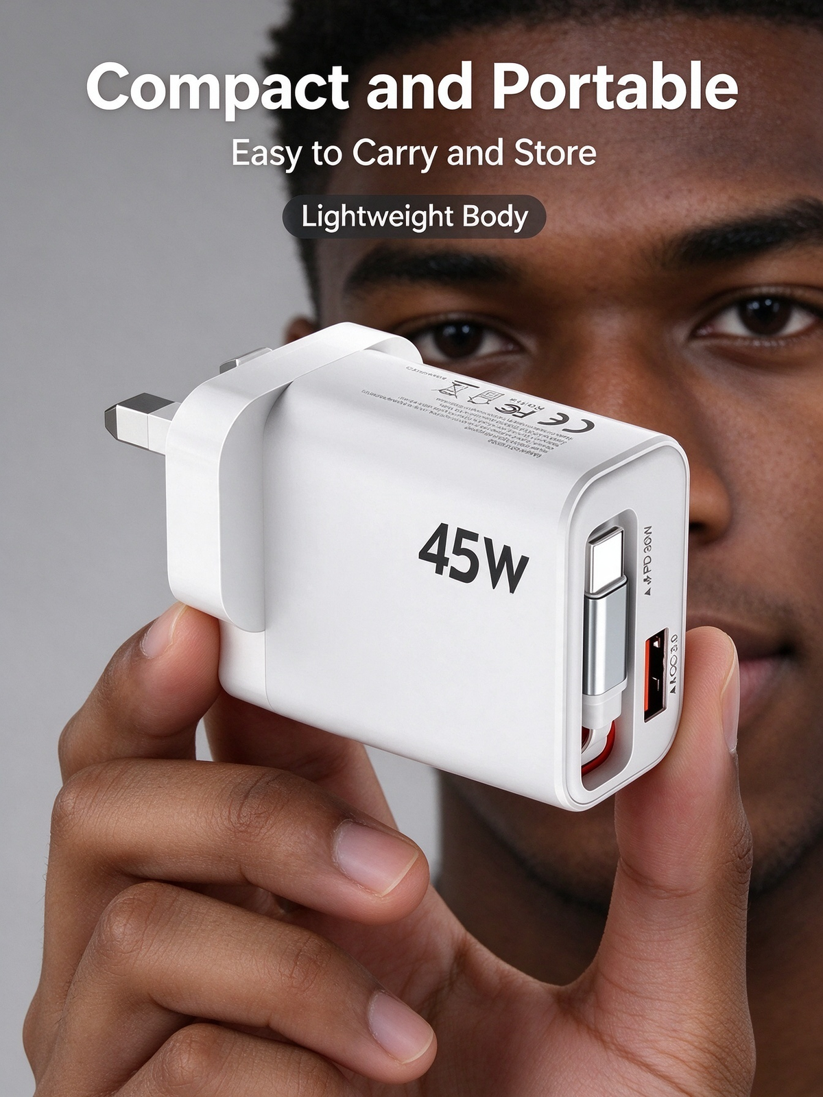 45W Fast Charger with Built-in Cable - Portable Charging Head for Quick Power Delivery