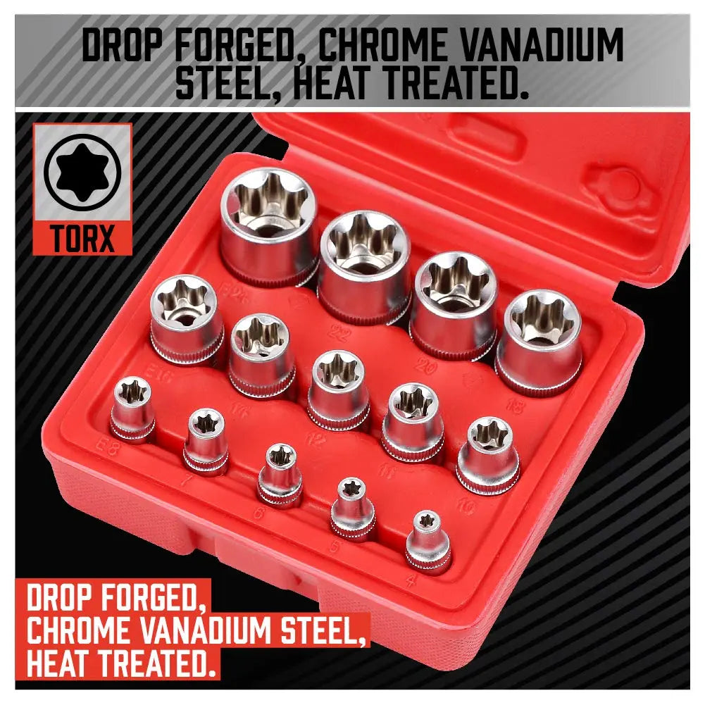 14-Piece E-Torx Socket Set - Premium Female Torx Sockets E4-E24, External Star Socket Tool Kit