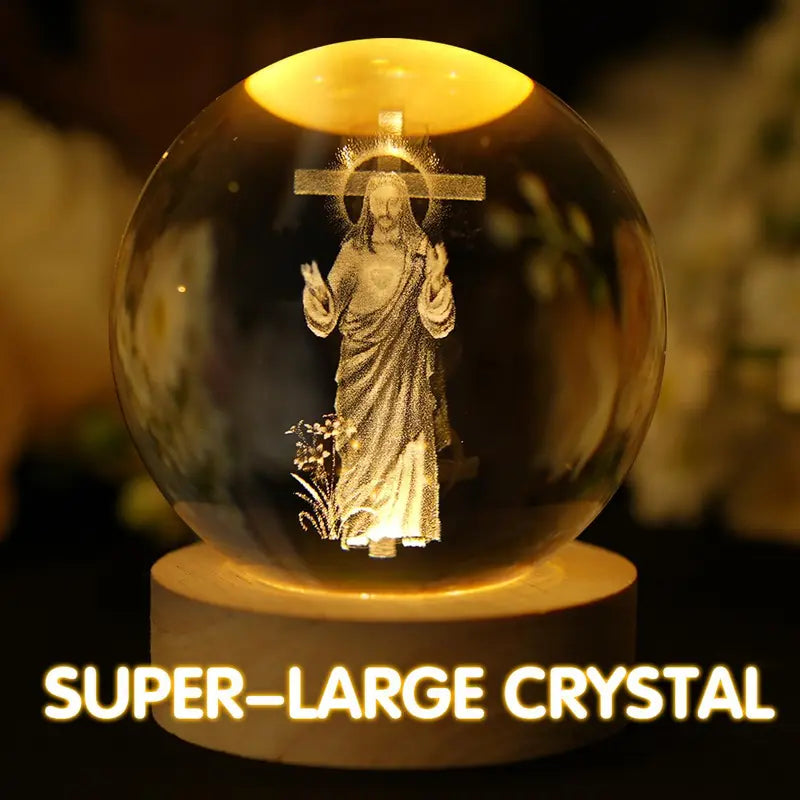 Crystal Ball Jesus Statue Wooden Base Glass Sphere Religious Collection Home Decoration Gift Ornament Glow-in-the-Dark  Sphere diameter8cm