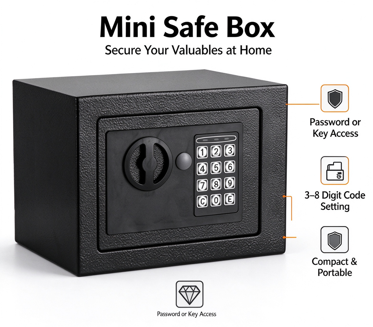 Mini Digital Safe Box, Electronic Password Safe with Emergency Key, Solid Steel Safe Cabinet for Home, Small Shop, Office, Hotel, Store Cash & Important Documents