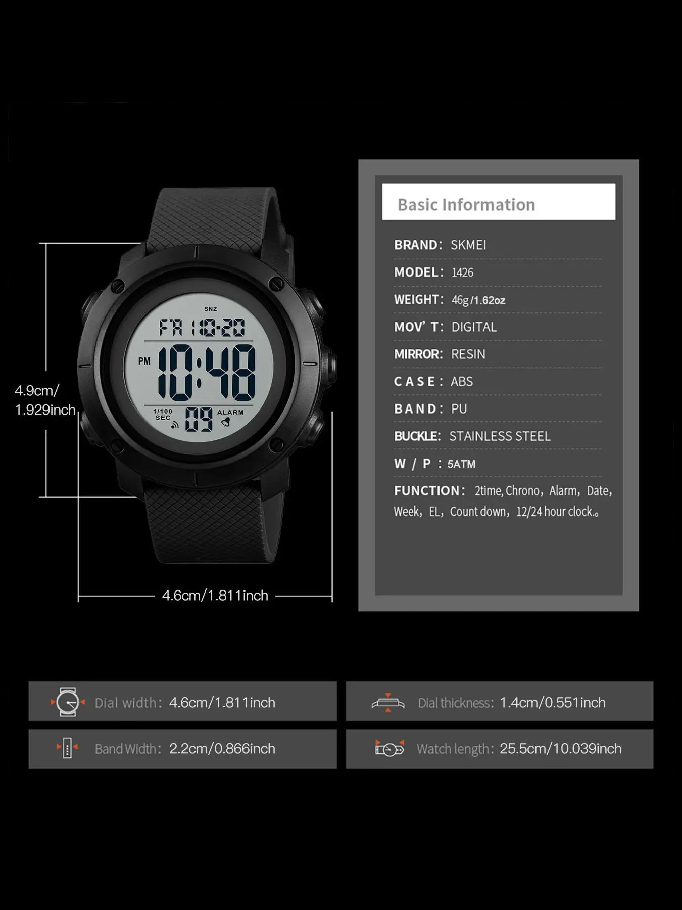 Skmei Full Digital Display Watch, Casual Style Multi-Function PU Band Watch, 50m Waterproof, Quartz Movement, Digital Multifunctional Watch, All Seasons Use image 4