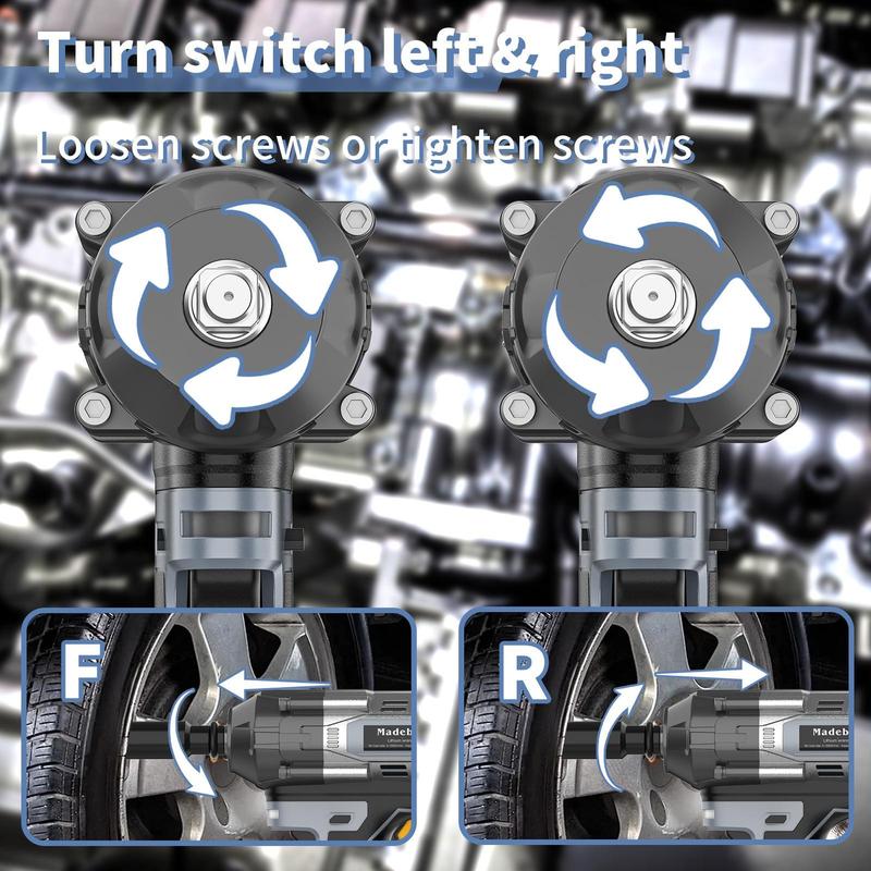 600N.m Cordless Impact Wrench, Cordless Impact with 2 * 4.0Mah, 3-IN-1 Electric Impact Wrench with 5 Sleeves, High Torque 1/2 Impact Wrench