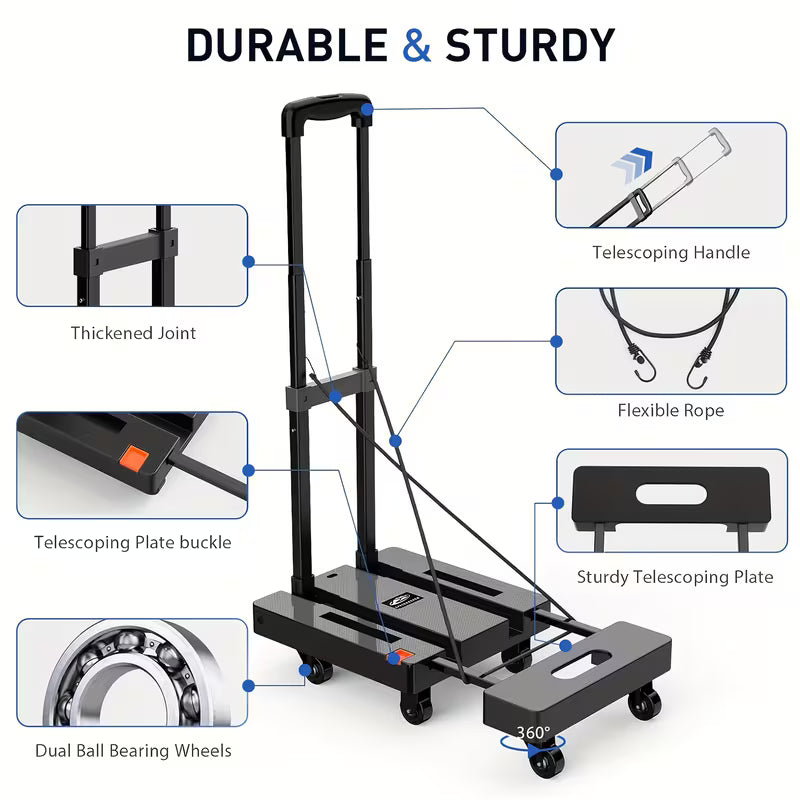 Folding Hand Trolley, 500 LB Heavy‑Duty Luggage Cart, Multi‑Purpose Flatbed Dolly with 6 Wheels & 2 Elastic Tie‑Down Straps, Detachable Silent Portable Trailer for Travel, Hauling, Shopping & Office Use, Wholesale Available