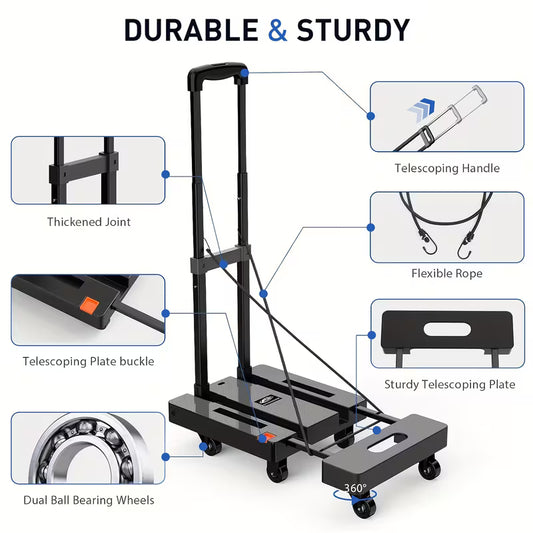 Folding Hand Trolley, 500 LB Heavy‑Duty Luggage Cart, Multi‑Purpose Flatbed Dolly with 6 Wheels & 2 Elastic Tie‑Down Straps, Detachable Silent Portable Trailer for Travel, Hauling, Shopping & Office Use, Wholesale Available