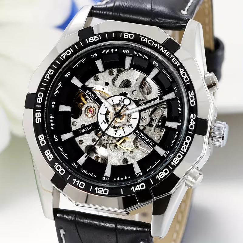 T‑WINNER 8042 Men's Waterproof Mechanical Watch – Skeleton Automatic Movement, Stainless Steel Bracelet with Date Window, 50m Water Resistance – Mechanical Art for Business & Casual Wear