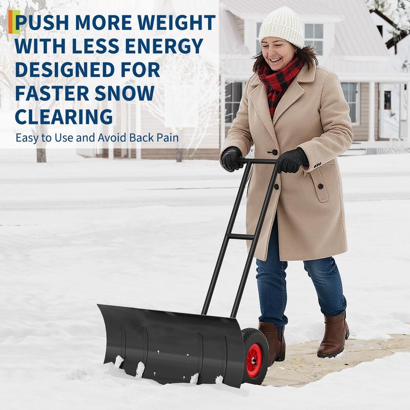 Large 30" W X 18"H Snow Shovel Pusher for Driveway, Metal Snow Pusher with Wheels, Ergonomic Snow Pusher Shovel with Snow Removal Adjustable Angle & Height Handle for Driveway, Double Rod