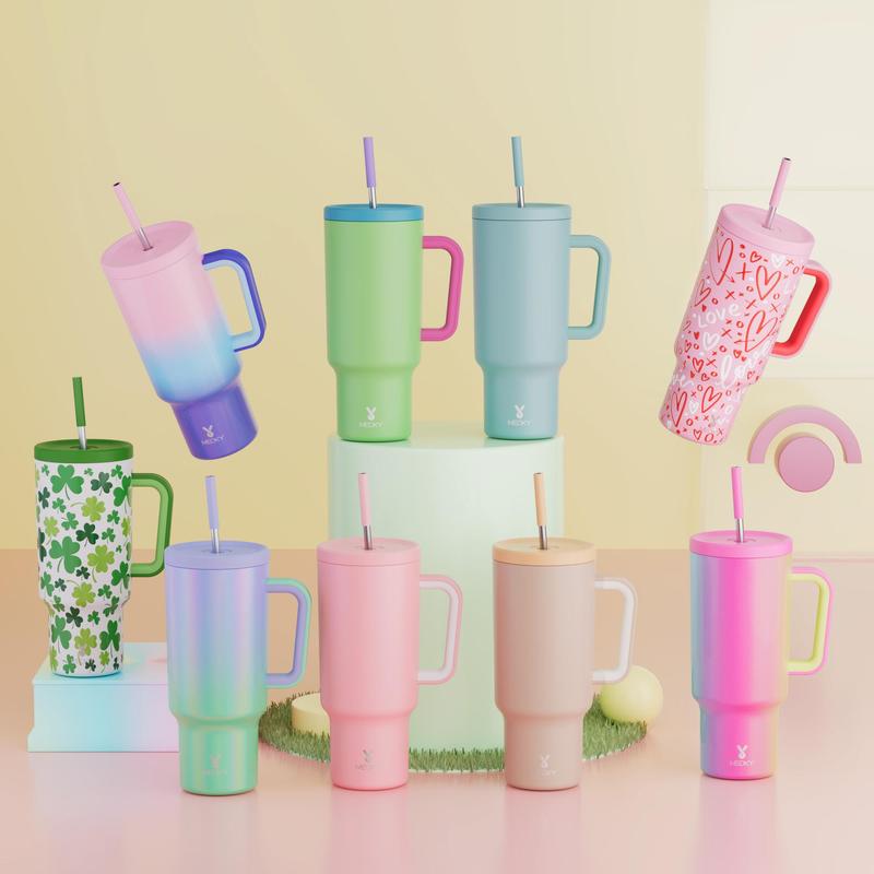 40oz Classic Straw Handle Cup, Multi-grid Ice Cube Mold, Leak-proof Cup Lid, Silicone Handle, Non-slip Noise Reduction Pad At The Bottom, Stainless Steel Thermos Cup, Wide Mouth and Narrow Bottom, Valentine's Day Gift, Tumbler Cups