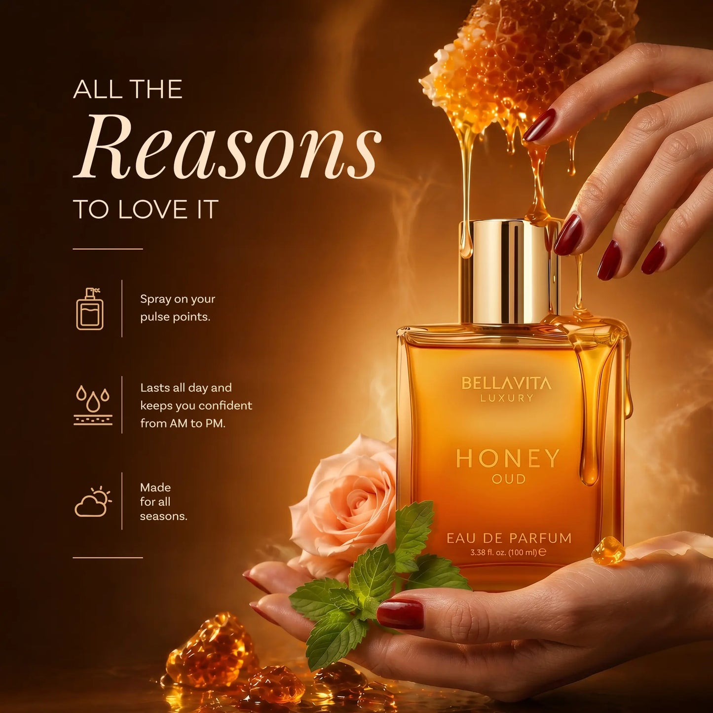Bella Vita Luxury's Honey Oud | Eau de Parfum 100ml (3.4 fl oz) | Patchouli, Vanilla, Bergamot | Floral & Spicy | Made with Clean & Vegan Essentials Oils | Cruelty Free Fragrance Perfume image 5