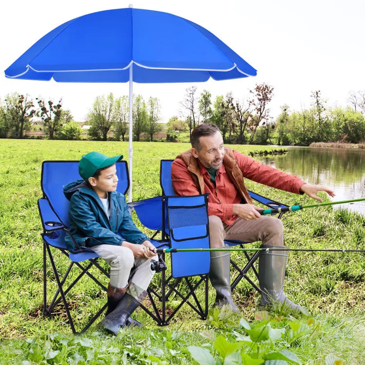 Double Portable Picnic Chairs, Folding Camping Chairs w/Detachable Umbrella, Cooler Bag, Cup Holders, Patio Beach Camping Chairs for Outdoors football baseball season