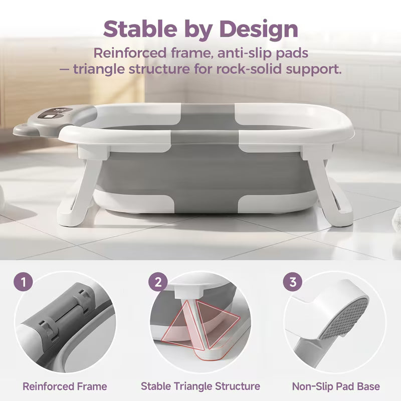 3‑Fold Smart Temperature‑Sensing Baby Bathtub, Home Use Newborn Bath Tub, Sit & Lie Supported, Collapsible Infant Shower Tub for Baby Bathing