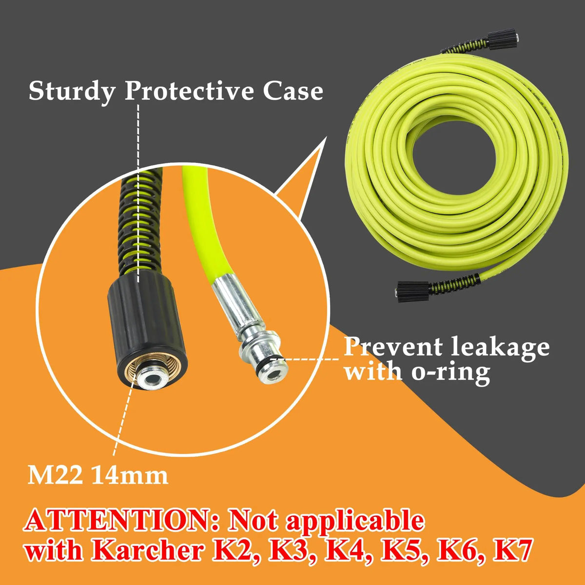 M MINGLE Car High Pressure Cleaning Hose 50-Feet with 1/4 Inch Plug M22 Connector & 2 Adapters Heavy Duty Car Wash Hose