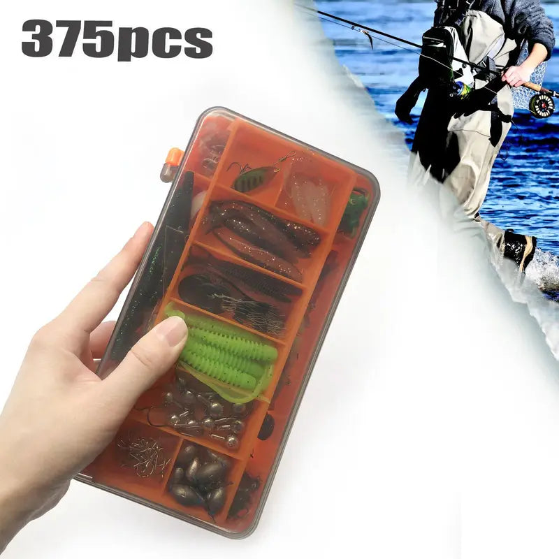 Artificial Fishing Lure Kit, 375pcs Fishing Lure Set, Fishing Accessories Including Spoon Lures, Soft Plastic Worms, Crankbait Jigs, Fishing Hooks