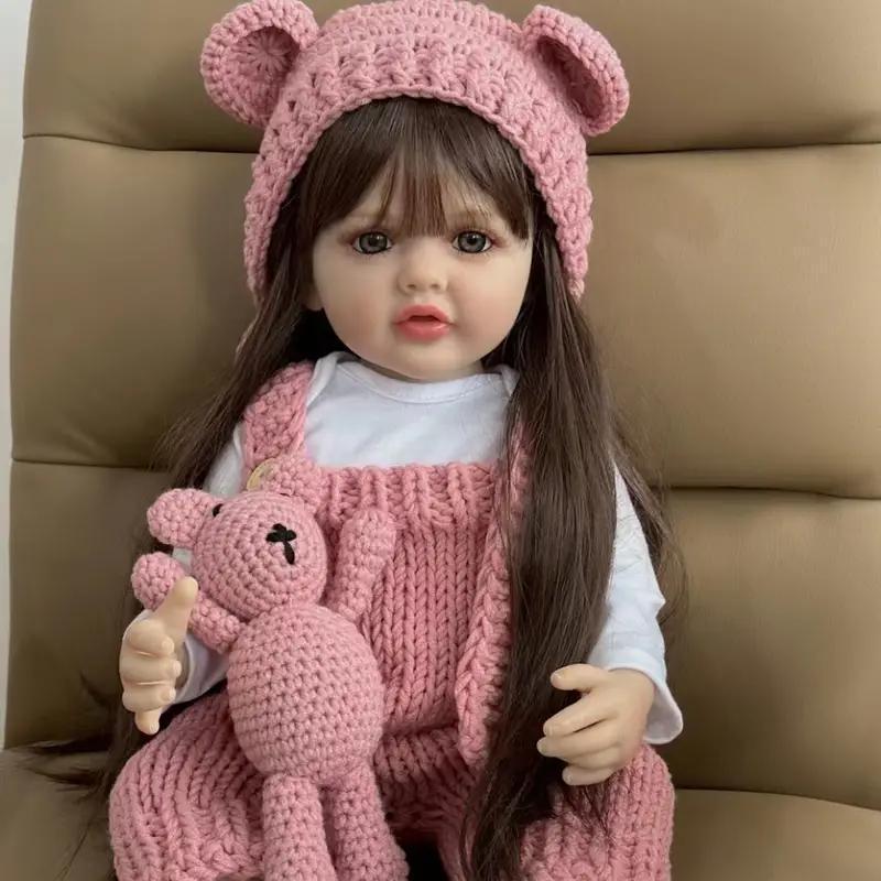 22 Inch Realistic Reborn Doll with Bear & Bottle & Pacifier & Diaper, Cute Long Hair Doll, Ideal Gift for Teenager and Collectors, Gorgeous Doll