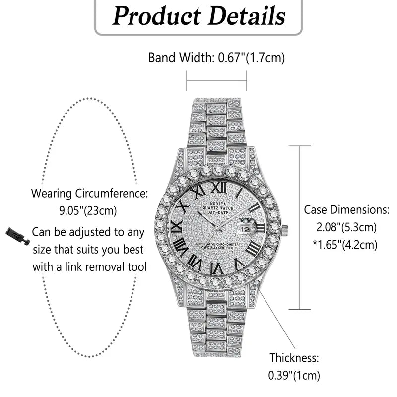 Men's Rhinestone Diamond Watch: Luxury Roman Numeral Quartz Analog Watches for Men Waterproof Date Wrist Watch Business Casual Dress Watch Iced Out Watch