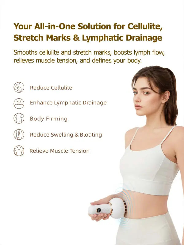 Handheld Body Massager for Legs & Belly - Lymphatic Drainage & Anti swelling Tool with Heat, Vibration - Electric Machine Reduces Stretch Marks White Detox Gift USB charging with a 1200mAh battery