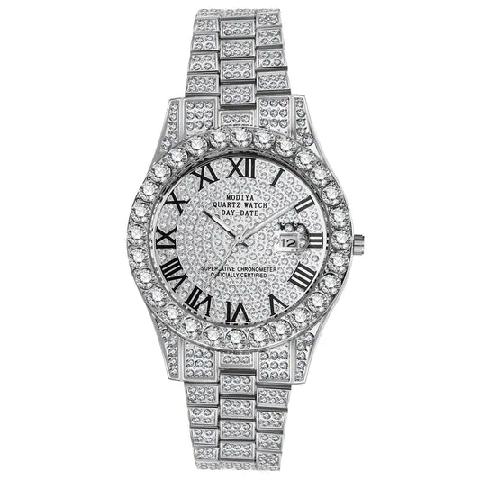 Men's Rhinestone Diamond Watch: Luxury Roman Numeral Quartz Analog Watches for Men Waterproof Date Wrist Watch Business Casual Dress Watch Iced Out Watch