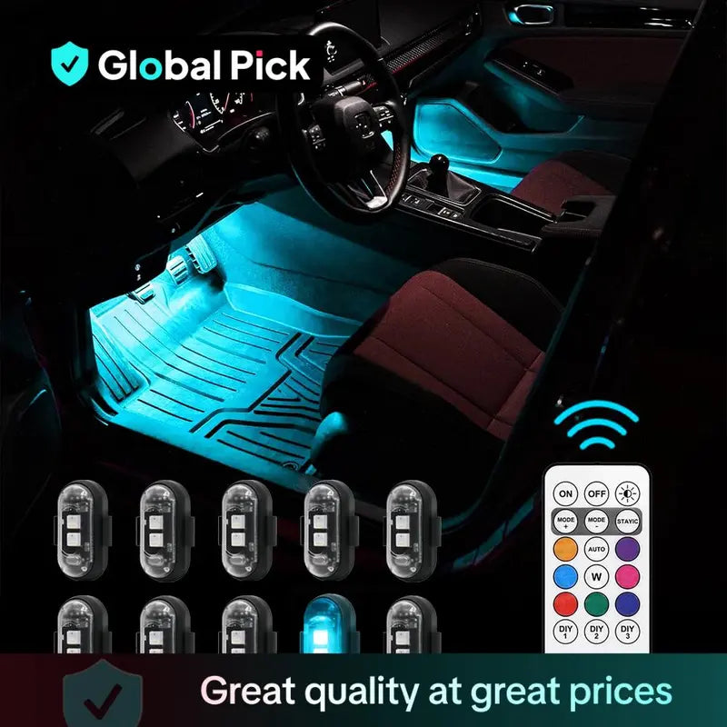 8 lights and 1 remote control Remote Control Car Footwell Light, USB Rechargeable RGB LED Dashboard Light, Waterproof Interior Car Lighting Accessories, LED Car Lights for Cars, Motorcycles, SUVs, Pickups, LED Car Ambient Light