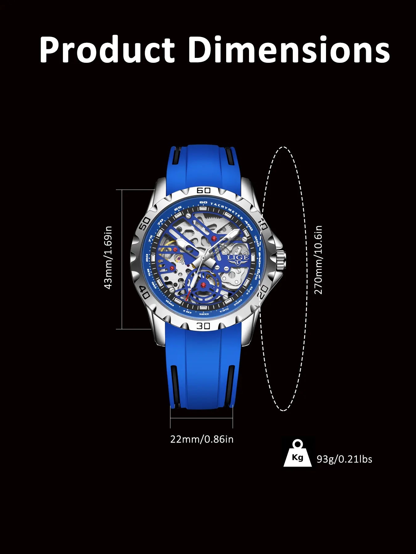 LIGE Men's Skeleton Mechanical Watch, 43mm Casual Wristwatch with Stainless Steel Case and Silicone Strap, Luminous Dial, 30m Water Resistant, Mechanical Style Watches image 8