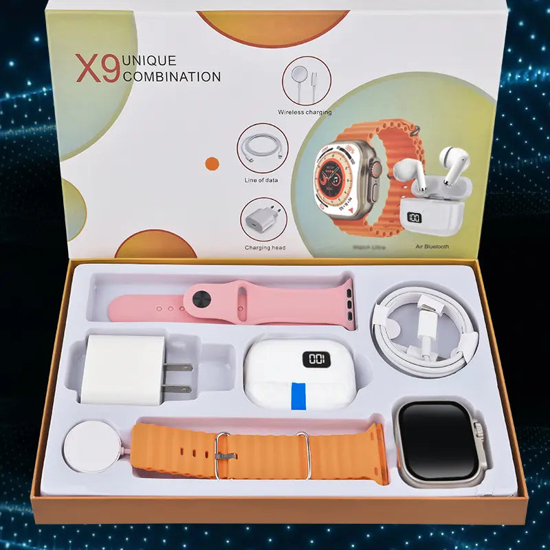 Smartwatch Set: Smartwatch, Bluetooth headphones, 20W fast charger, Type-C cable, adapter, and audio support—compact and portable. Headphone device. Wearable Smartphone Chargeable