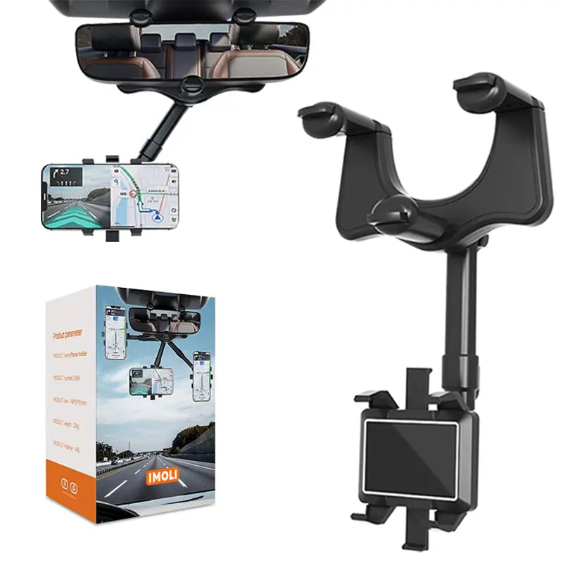 Rearview Mirror Phone Holder for Car, 360° Rotating Rear View Mount with Adjustable Arm Length, Multifunctional and GPS Universal Car All Smartphones