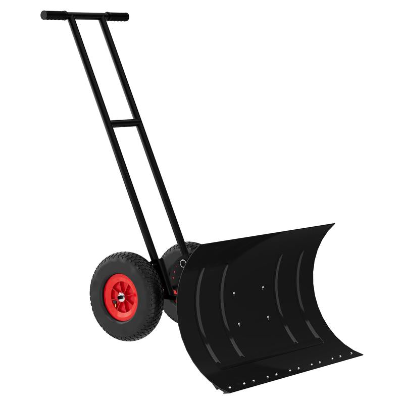 Large 30" W X 18"H Snow Shovel Pusher for Driveway, Metal Snow Pusher with Wheels, Ergonomic Snow Pusher Shovel with Snow Removal Adjustable Angle & Height Handle for Driveway, Double Rod