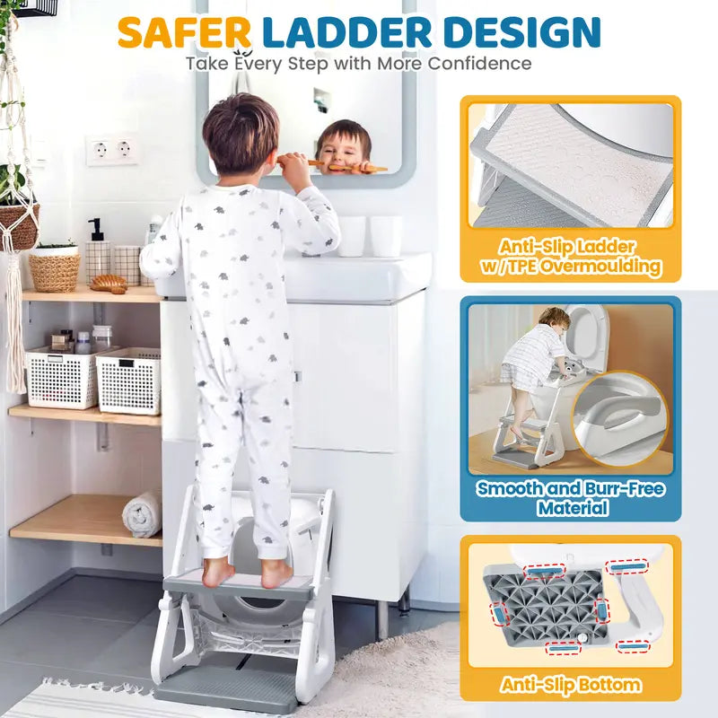 2-IN-1 Potty Training Toilet Seat with Step Stool for Toddler, Stability Training Potty Seat for Kids Boys Girls with Splash Guard and Anti-Slip Pad, Adjustable Ladder & Potty Seat Height, Grey
