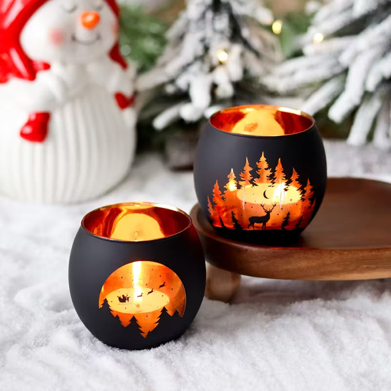 2Pairs Moonlit Forest Candle Holders – Black Glass, Santa Sleigh & Reindeer Design for Christmas Decor