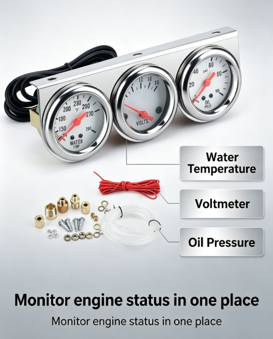 Chrome 3-in-1 Triple Gauge Kit – 2" 52mm with Oil Pressure, Water Temp & Ammeter, White Face