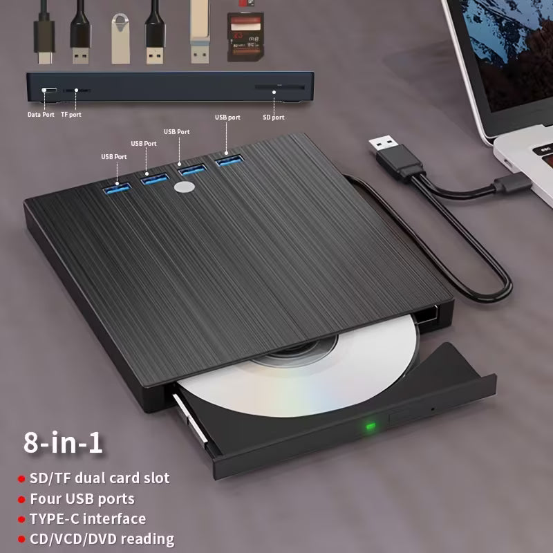 8-in-1 External Optical Drive – USB 3.0 + Type-C, Ultra-Slim DVD Burner & Player for Laptop & PC