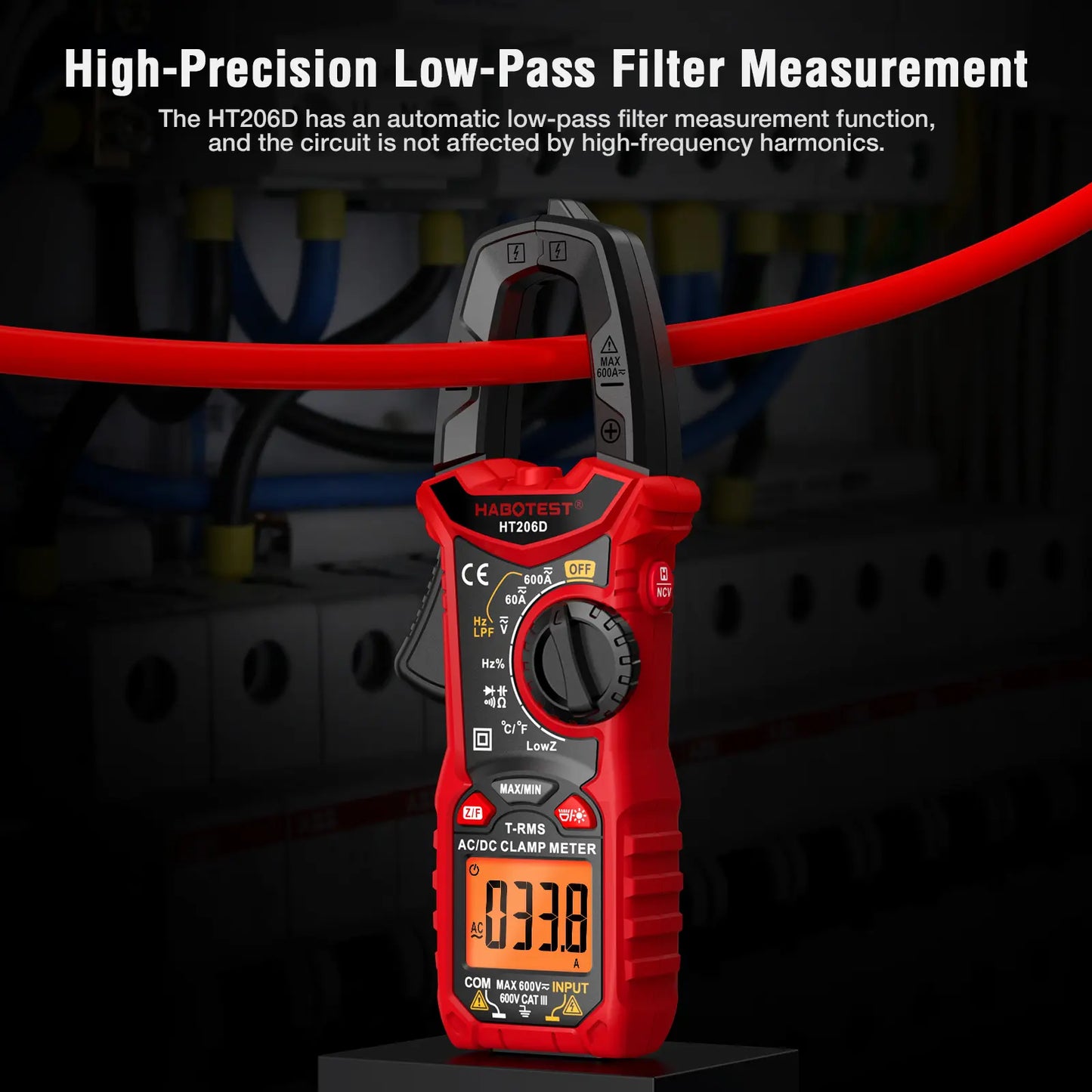 HABOTEST HT206D Digital Clamp Meter - 600A AC/DC Current, Two-Color Backlight, NCV Voltmeter Ammeter