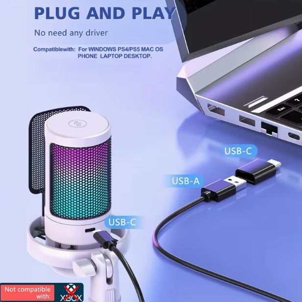 USB Microphone for PC – Condenser Gaming Mic with RGB Lighting, Gain Knob & Monitoring Jack, for Streaming & Podcasting