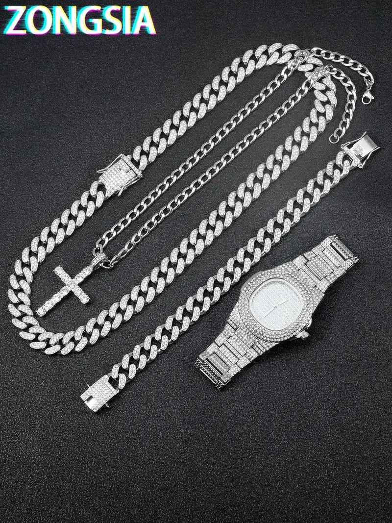 Men's Fashion Jewelry Set with Box - Rhinestone Watch, Cross Pendant Necklace and Cuban Chain Bracelet
