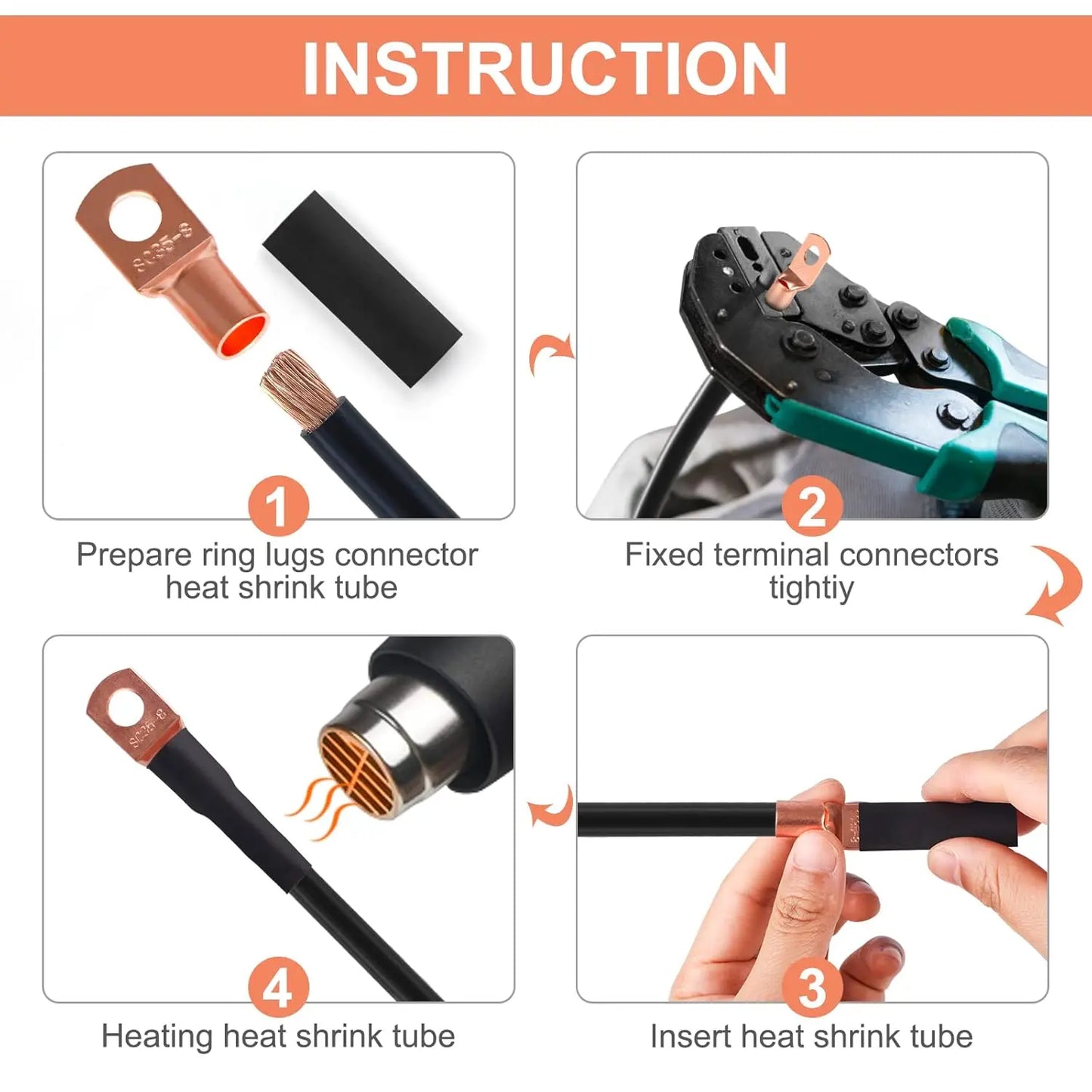 260-Piece Terminal Connector Kit – Copper Wire Lugs, Heat Shrink Tubing & Ring Terminals for AWG 12–2 Cable, Includes 120 Battery Lugs & 140 Heat Shrink Tubes