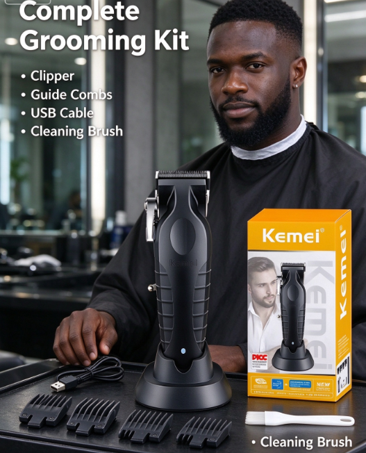 Kemei Electric Hair Clipper with Base - USB Rechargeable Trimmer for Barber Shops and Hair Carving