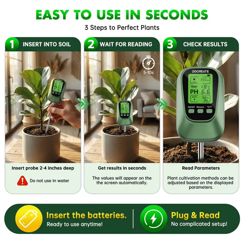 4-in-1 Soil Moisture-PH Tester - Sunlight & Temperature Monitor, No-Setup Easy-to-Use Garden Soil Test Kit for Indoor Plants, Supports Consistent Care, Prevents Growth Issues