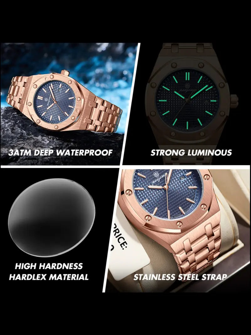 Men's Stainless Steel Quartz Watch – Waterproof, Luminous Dial with Date Display, Analog Design, Durable for Daily Wear