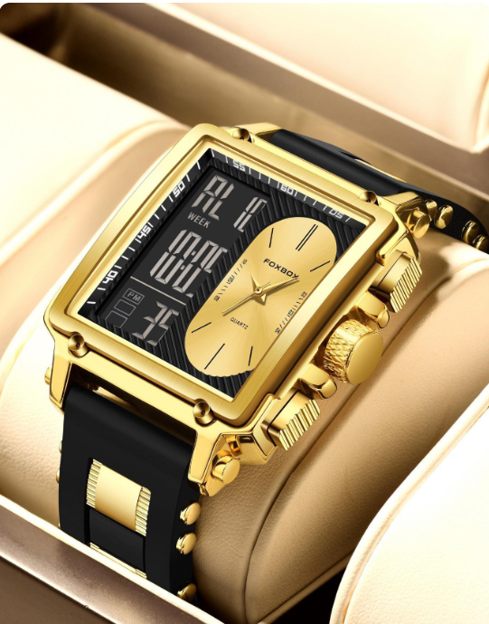 Men's Square Quartz Watch – Digital-Analog, Waterproof, Trendy All-Match Design, Perfect for Parties & Daily Wear