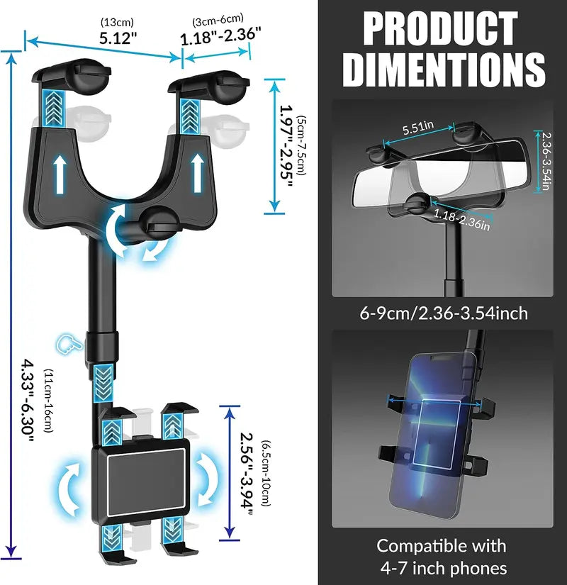 Car Phone Holder for Rearview Mirrors - 360° Rotatable and Retractable, Multifunctional Mobile Phone Mount for Any Vehicle