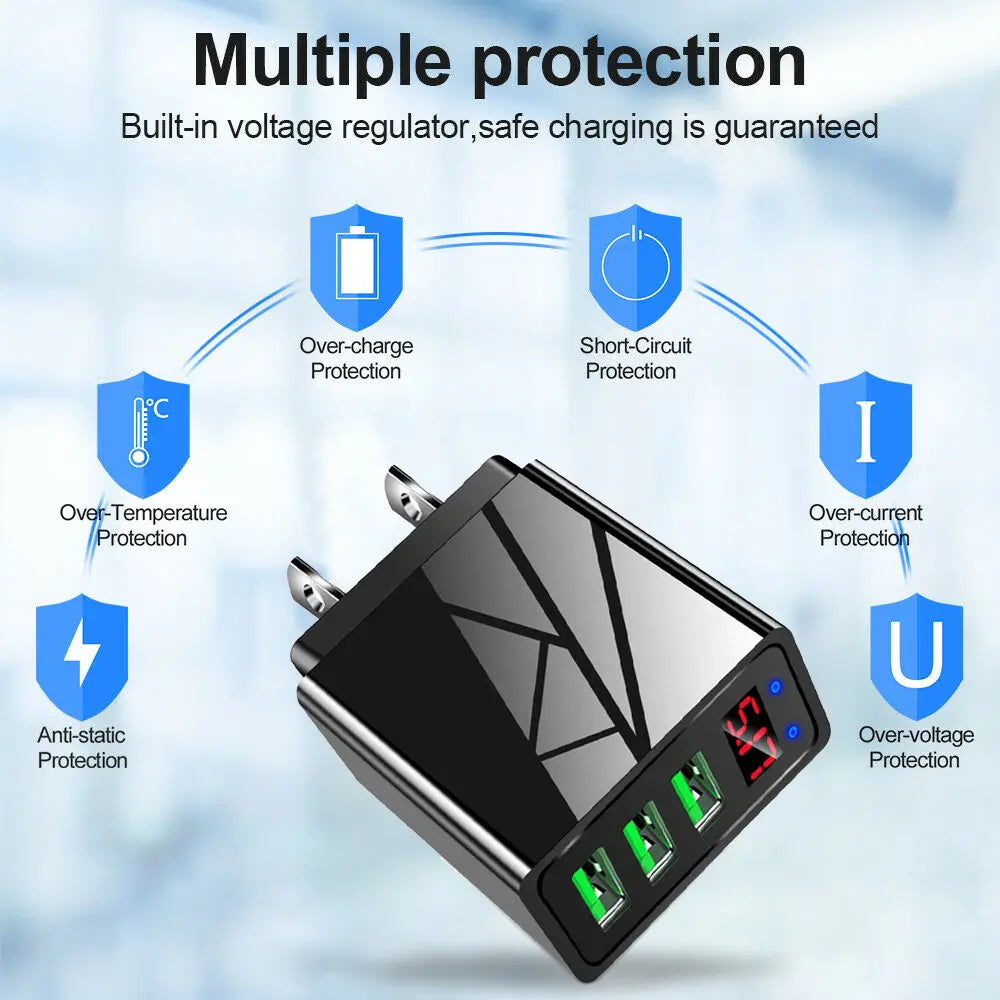 2-Pack 3-Port USB Wall Fast Charger QC 3.0 - LED Display Quick Charge for iPhone, Samsung, LG and Android