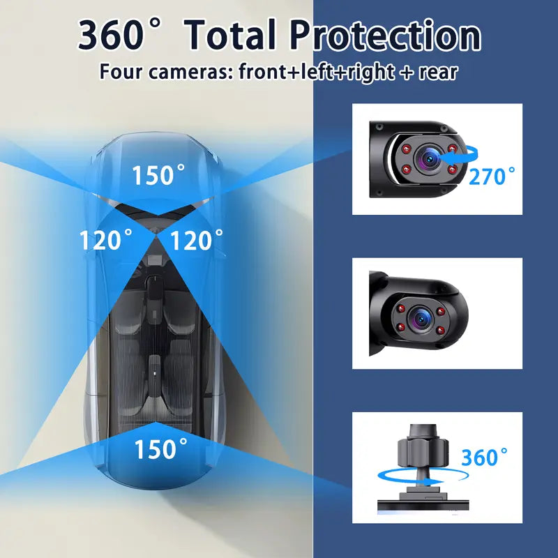 4 Channel Car Dash Cam – 1080P Car DVR with 64GB Memory Card – Plug & Play (Not Wireless) – Night Vision, 24/7 Parking Mode – Front, Rear, Left & Right Dashcam