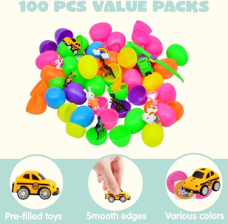 100PCS Prefilled Easter Eggs with Toys for Easter Egg Hunt Party Favors Basket Stuffers Classroom Prizes Kids Outdoor Play