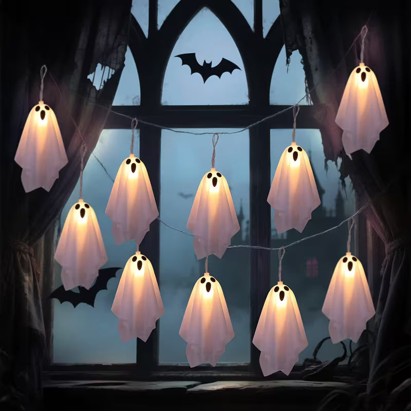 10-Pack Halloween Ghost Icicle Lights – Curtain String Lights for Haunted House & Porch Decor