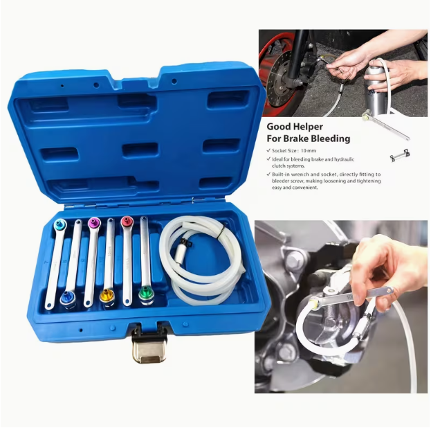 Brake Bleeder Wrench Set – 7-12mm (7/8/9/10/11/12) 12-Point Wrenches, Adapter Sockets & Drain Hose with Check Valve, for Brake & Clutch Fluid Bleeding