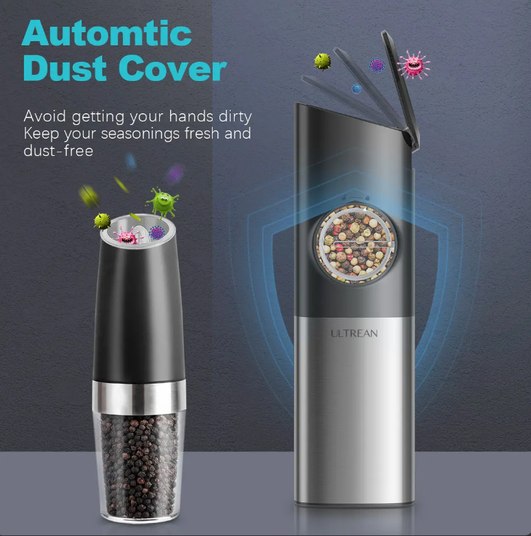 Electric Salt & Pepper Grinder Set, 2Pcs Rechargeable Adjustable Stainless Steel Grinder with Dust Lid & LED Light, One-Hand Operation Kitchen Utensils