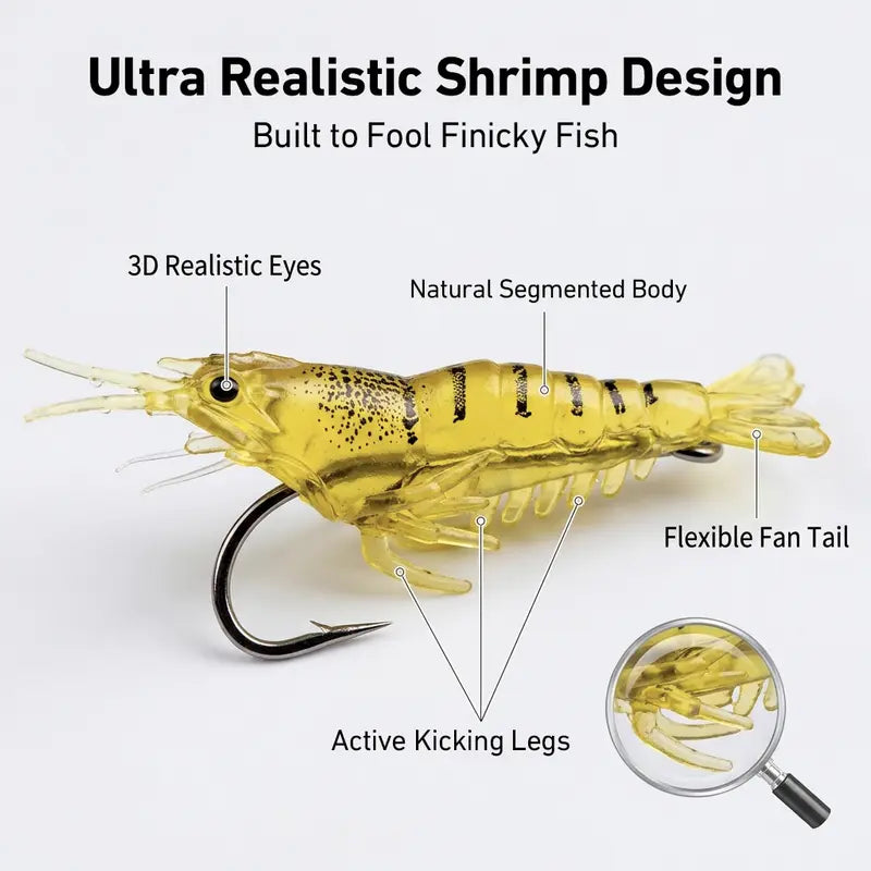60-Piece Realistic Shrimp Soft Lures 1.5-Inch - Soft Bait for Freshwater and Saltwater Fishing