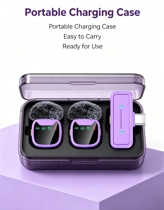 Dual Wireless Lavalier Microphone – LED Charging Case for Phones, Laptops, Streaming & Interviews