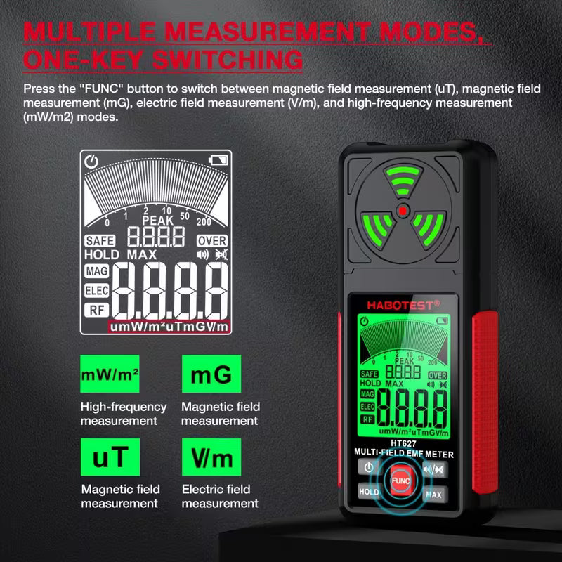 HABOTEST HT627 EMF Meter – 3-in-1 Detector for EF, MF & RF Radiation, for Home & Outdoor Inspections