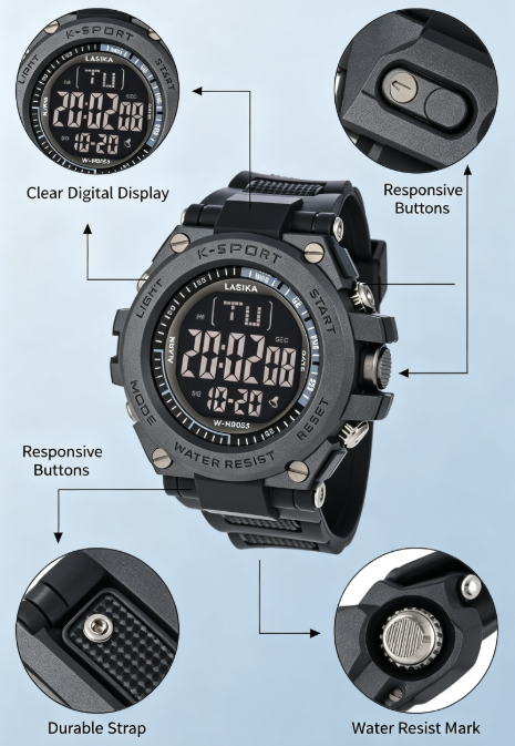 LASIKA Water Resistant Sports Digital Watch - Alarm, Rubber Strap, Black Dial, K-Sport Style for Men