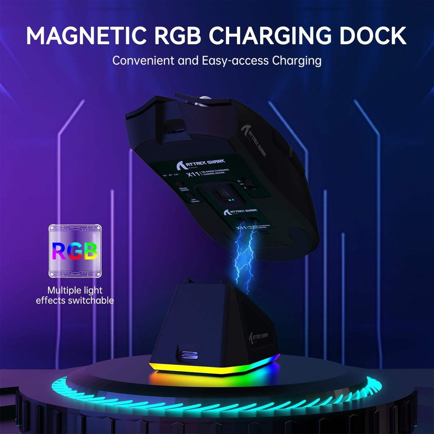 ATTACK SHARK X11 Wireless Gaming Mouse, Rechargeable RGB Lighting Mouse with Charging Base, Optical Sensor Mouse for Gaming & Office, Gaming Accessories